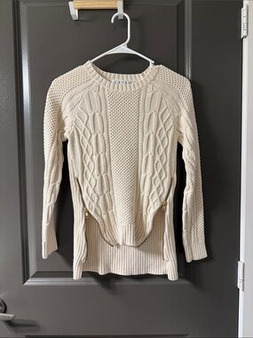 CAbi Cream Cable-Knit Crewneck Sweater with Side Zips